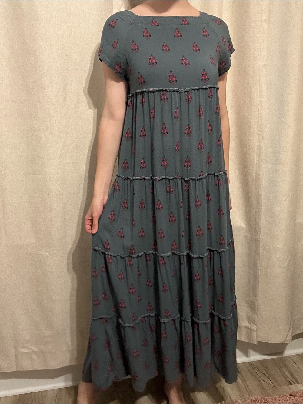 Natural Life Maxi Dress Tiered Babydoll Turquoise Boho Flowy Hippie Size Small